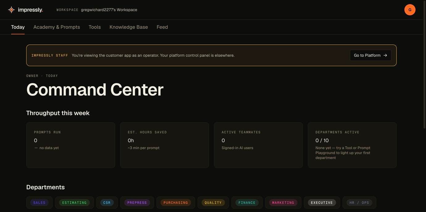 Impressly Today dashboard — Command Center showing weekly ROI, active teammates, and department signals for a label print shop